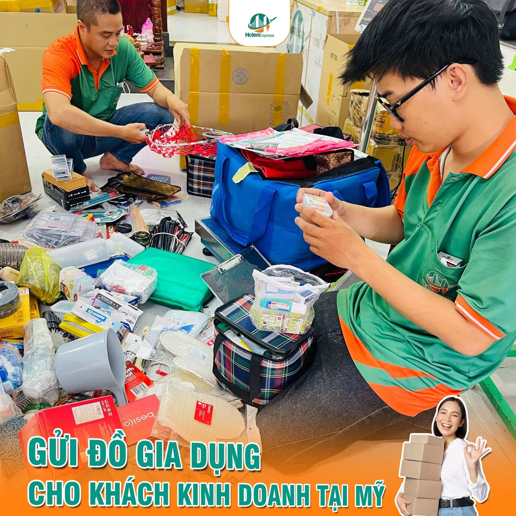 H&agrave;ng đ&oacute;ng g&oacute;i gửi đi Mỹ tại Helen Express