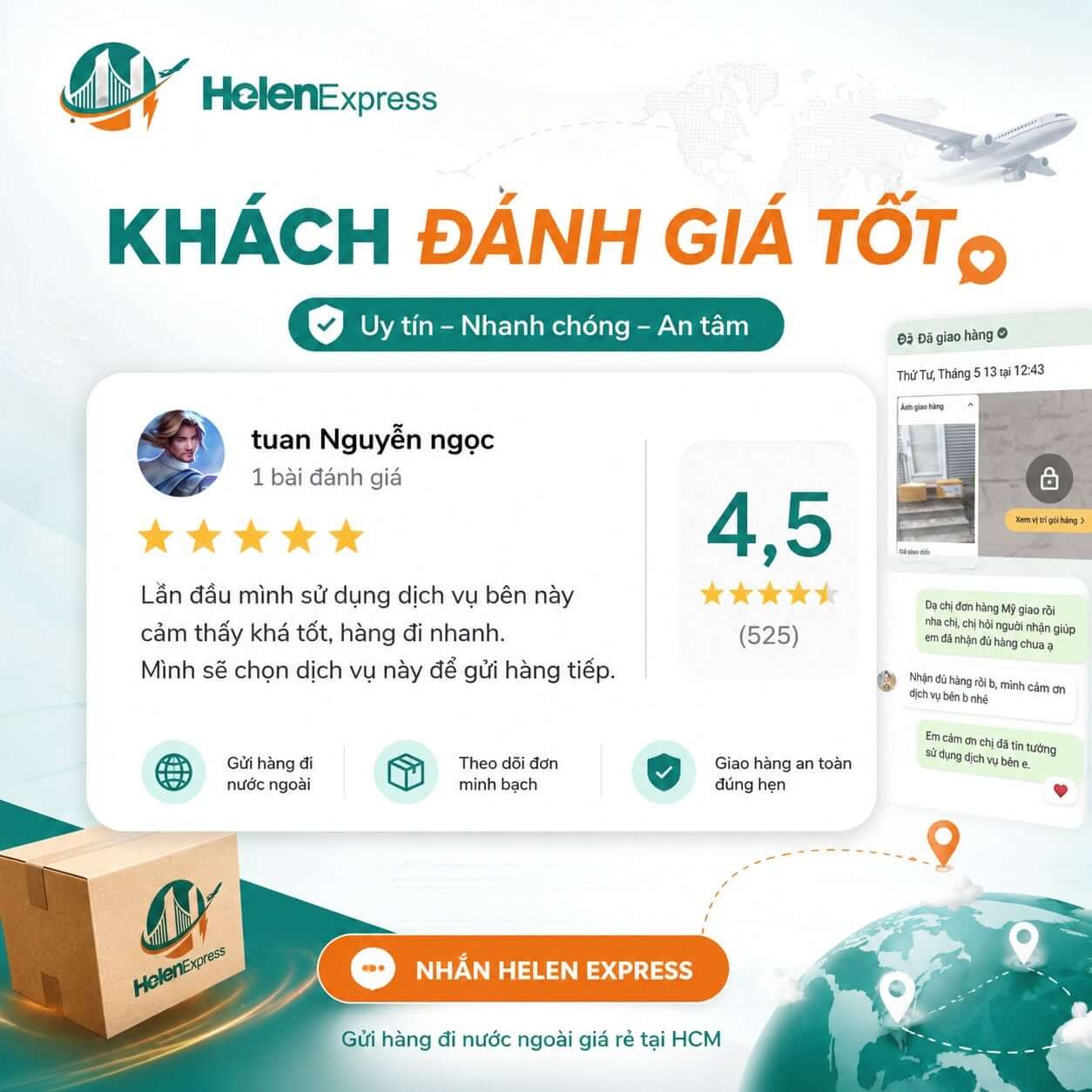 Phản hồi đ&aacute;nh gi&aacute; kh&aacute;ch h&agrave;ng gửi h&agrave;ng đi Mỹ tại Helen Express 5