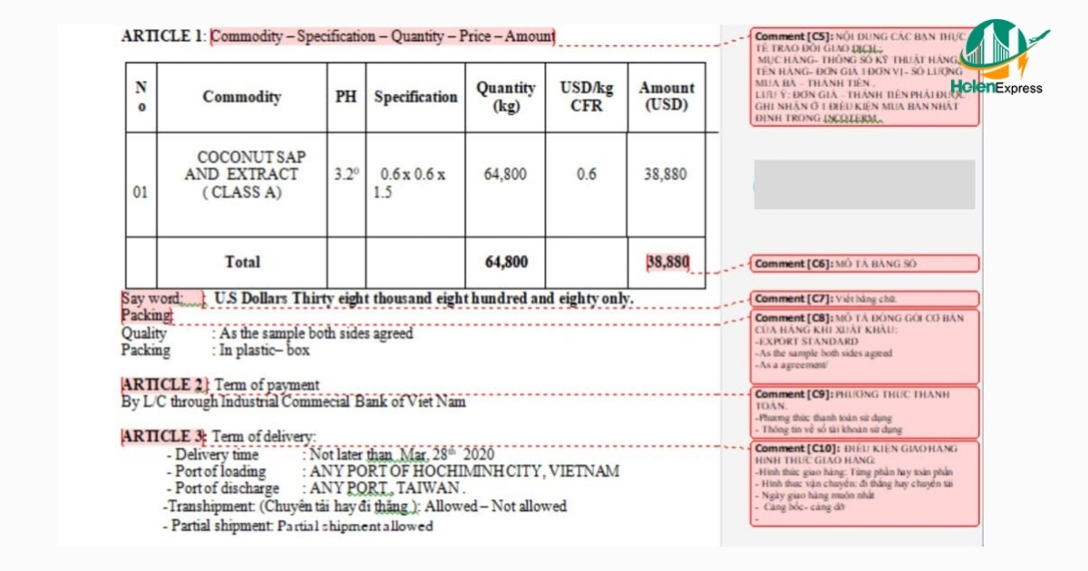 Phần nội dung chính của sale contract